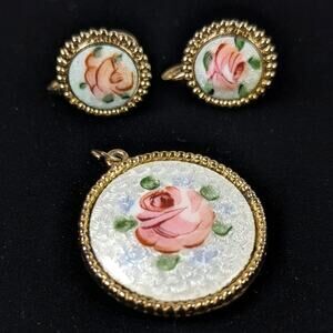Vintage Coro Signed White Pink Guilloche Enamel Rose Flower Earrings Pendant